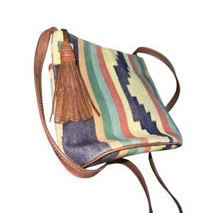 Vintage Boho Woven Crossbody Bag with Leather Tassel- Aztec festival bag